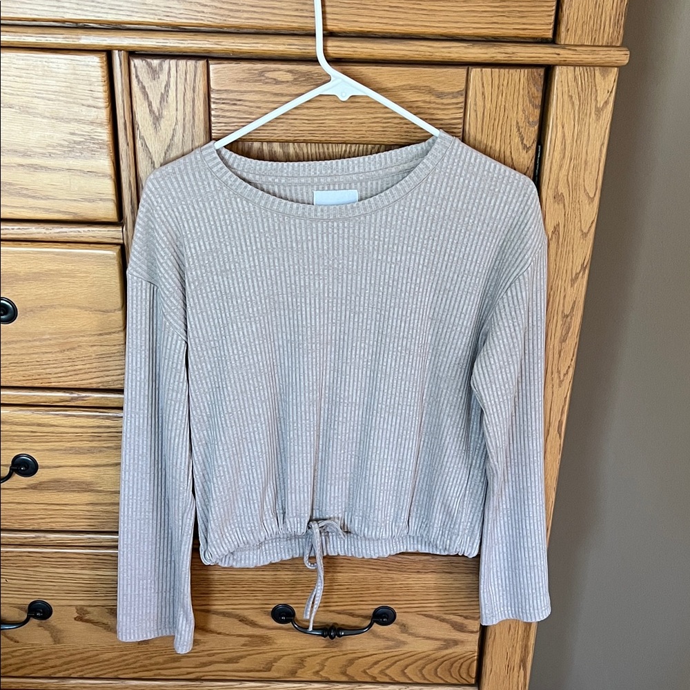 Ribbed Long-Sleeve Drawstring Mid-Crop Top - Beige